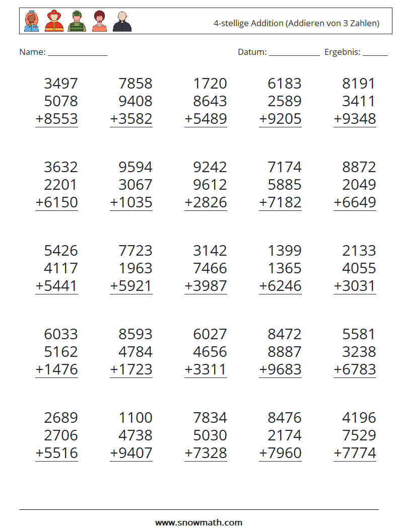 (25) 4-stellige Addition (Addieren von 3 Zahlen) Mathe-Arbeitsblätter 6