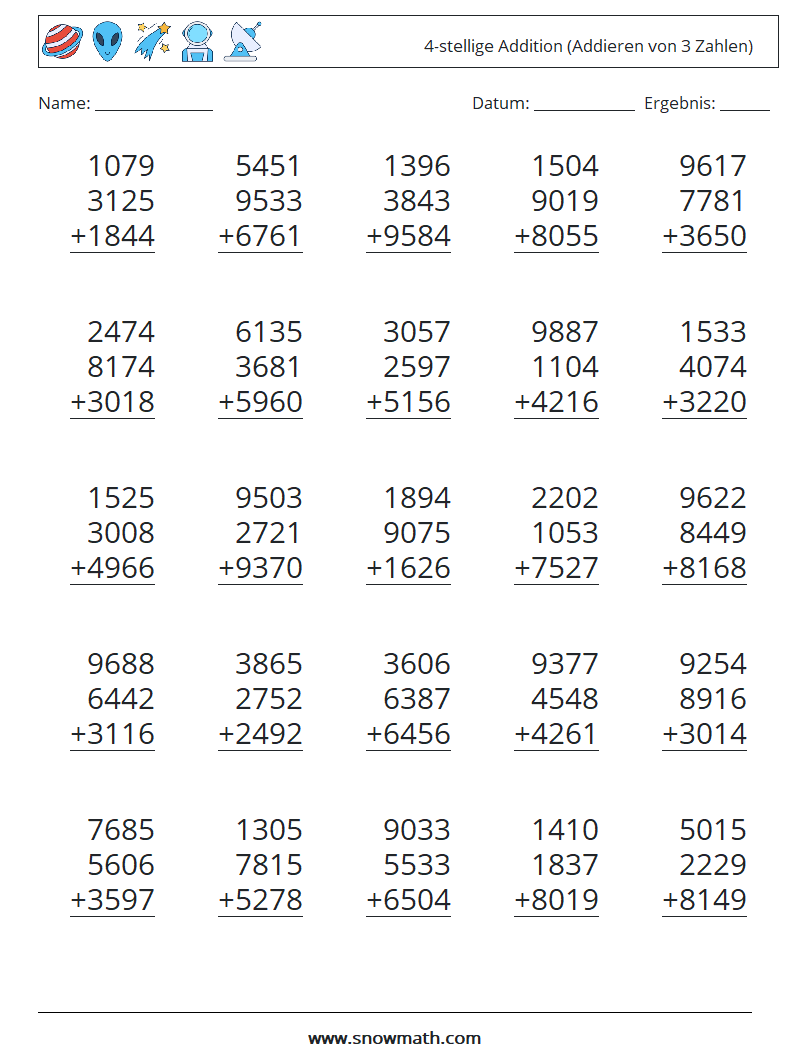 (25) 4-stellige Addition (Addieren von 3 Zahlen) Mathe-Arbeitsblätter 7