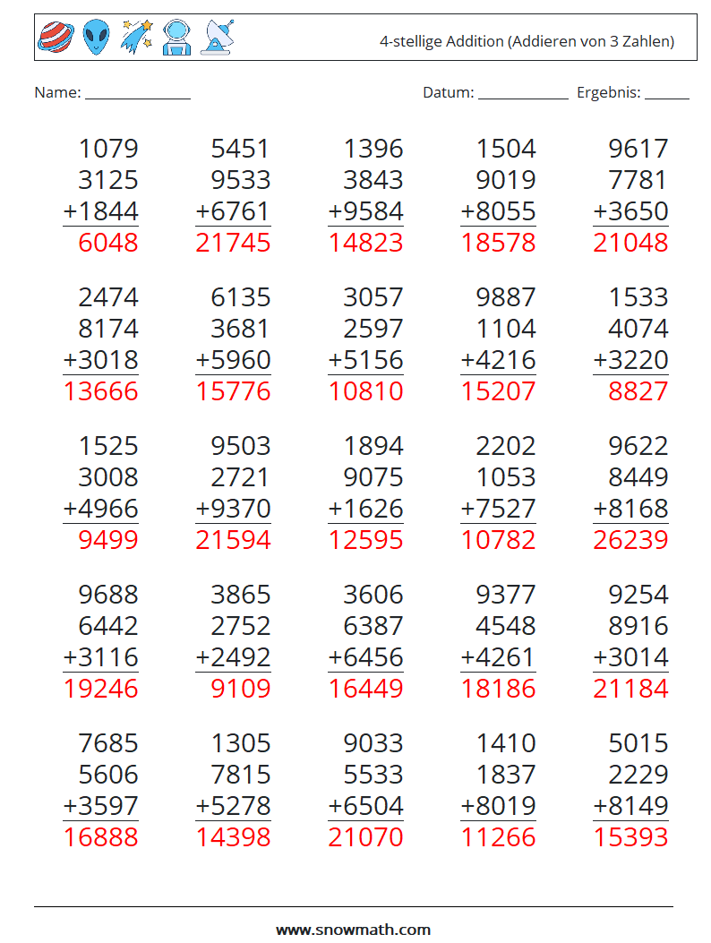 (25) 4-stellige Addition (Addieren von 3 Zahlen) Mathe-Arbeitsblätter 7 Frage, Antwort