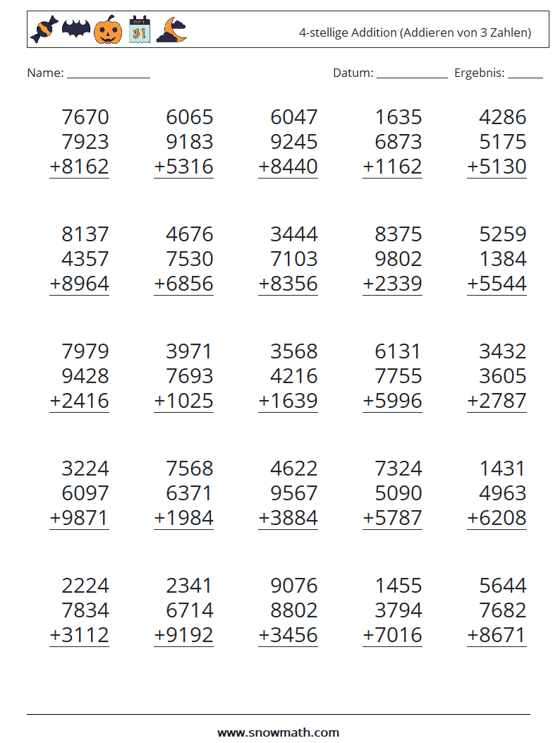 (25) 4-stellige Addition (Addieren von 3 Zahlen) Mathe-Arbeitsblätter 8