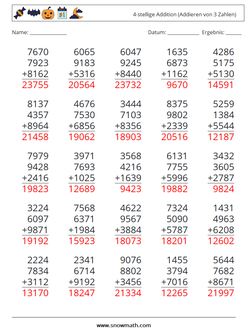 (25) 4-stellige Addition (Addieren von 3 Zahlen) Mathe-Arbeitsblätter 8 Frage, Antwort