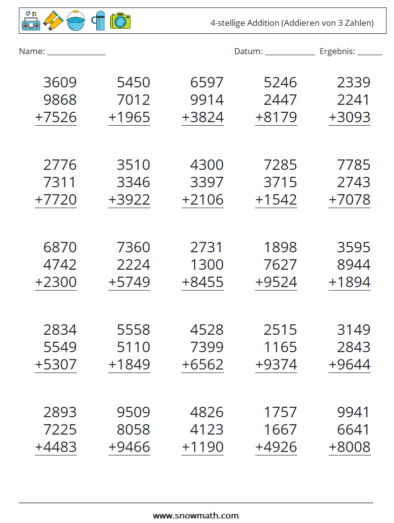 (25) 4-stellige Addition (Addieren von 3 Zahlen) Mathe-Arbeitsblätter 9