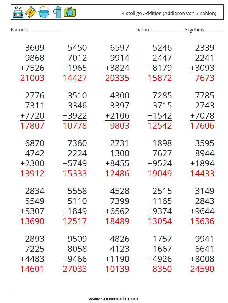 (25) 4-stellige Addition (Addieren von 3 Zahlen) Mathe-Arbeitsblätter 9 Frage, Antwort