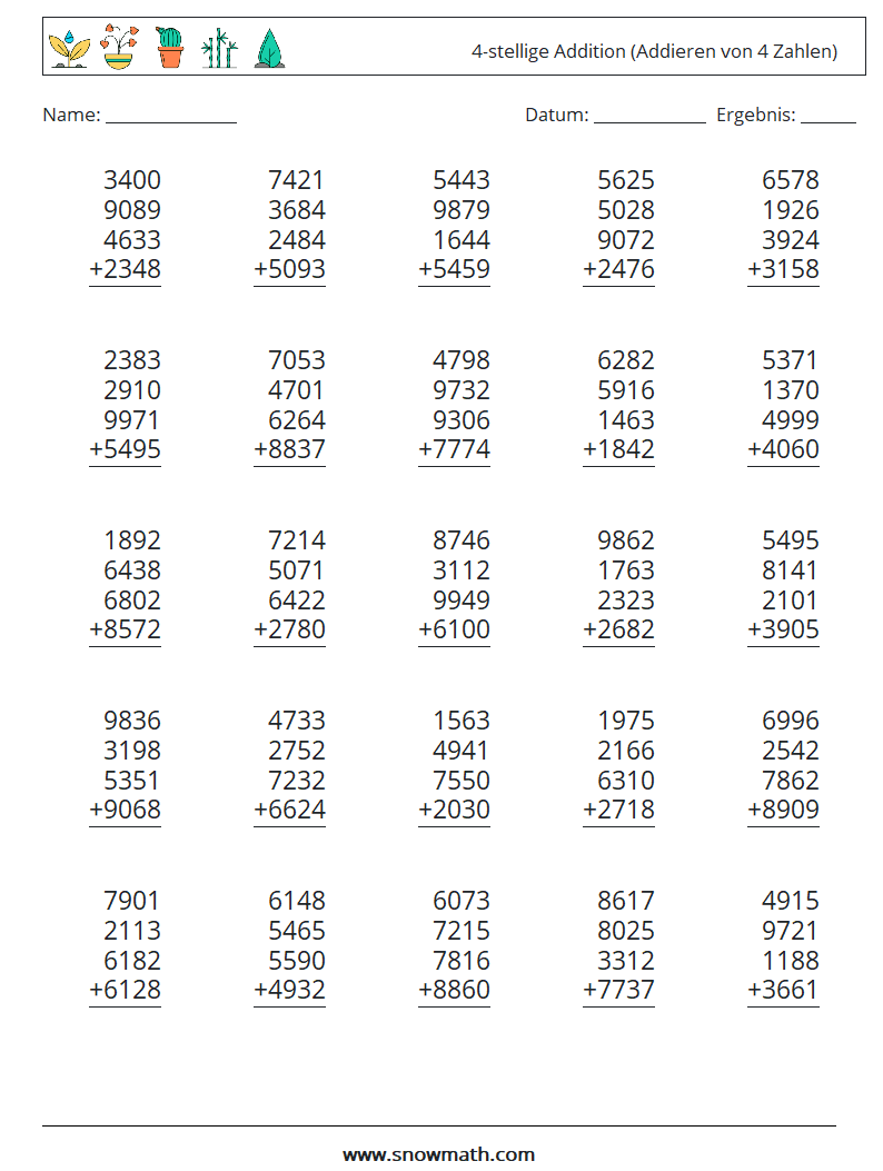 (25) 4-stellige Addition (Addieren von 4 Zahlen) Mathe-Arbeitsblätter 1