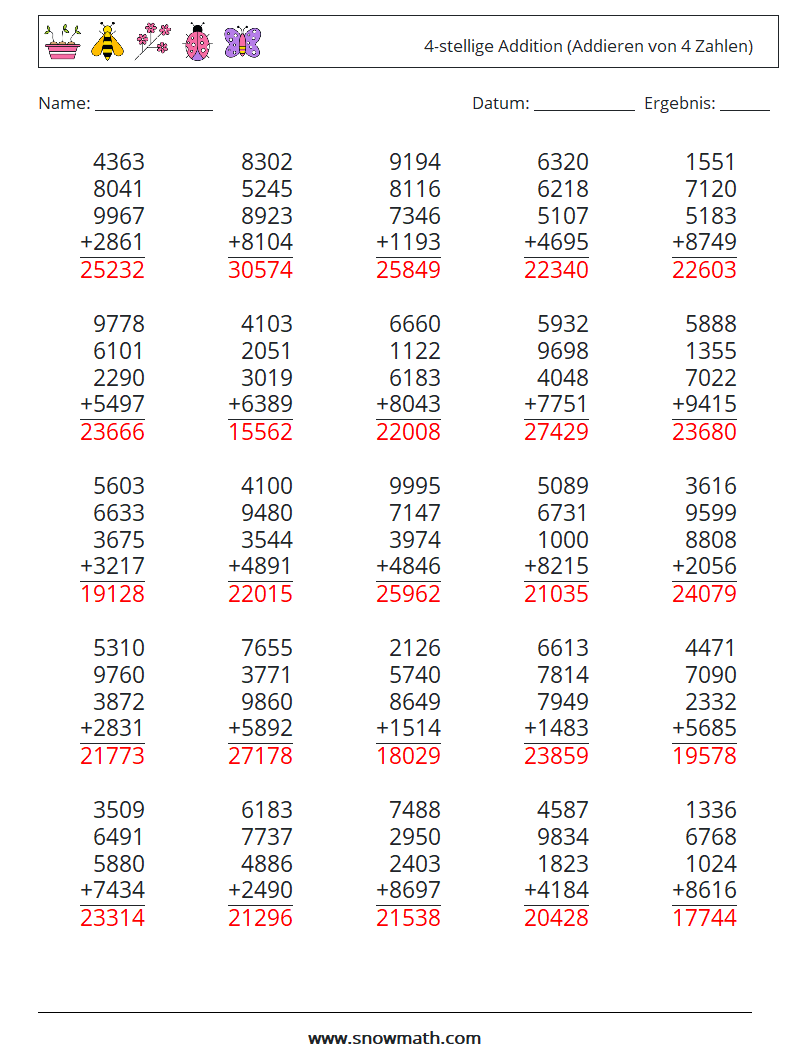 (25) 4-stellige Addition (Addieren von 4 Zahlen) Mathe-Arbeitsblätter 10 Frage, Antwort