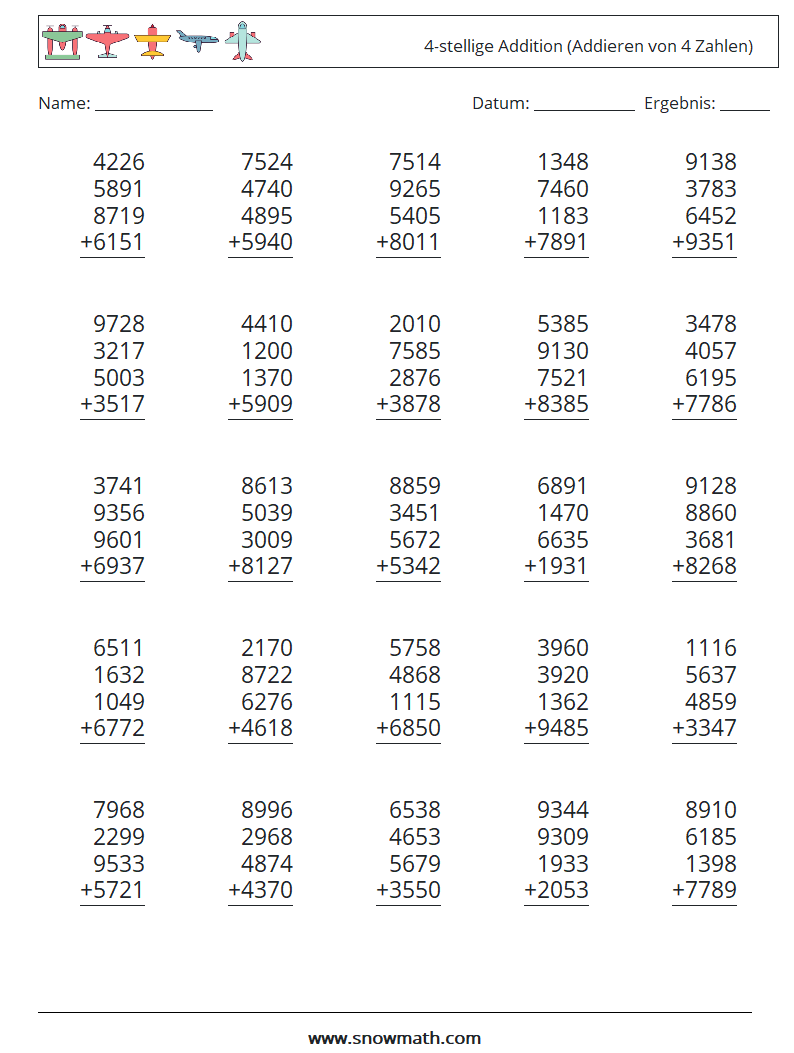 (25) 4-stellige Addition (Addieren von 4 Zahlen) Mathe-Arbeitsblätter 11