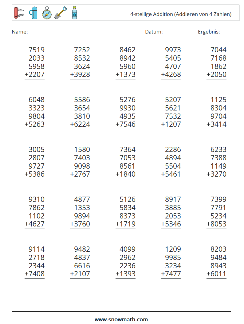 (25) 4-stellige Addition (Addieren von 4 Zahlen) Mathe-Arbeitsblätter 12