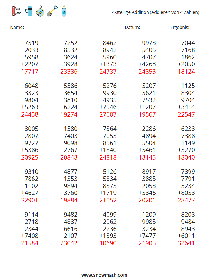 (25) 4-stellige Addition (Addieren von 4 Zahlen) Mathe-Arbeitsblätter 12 Frage, Antwort