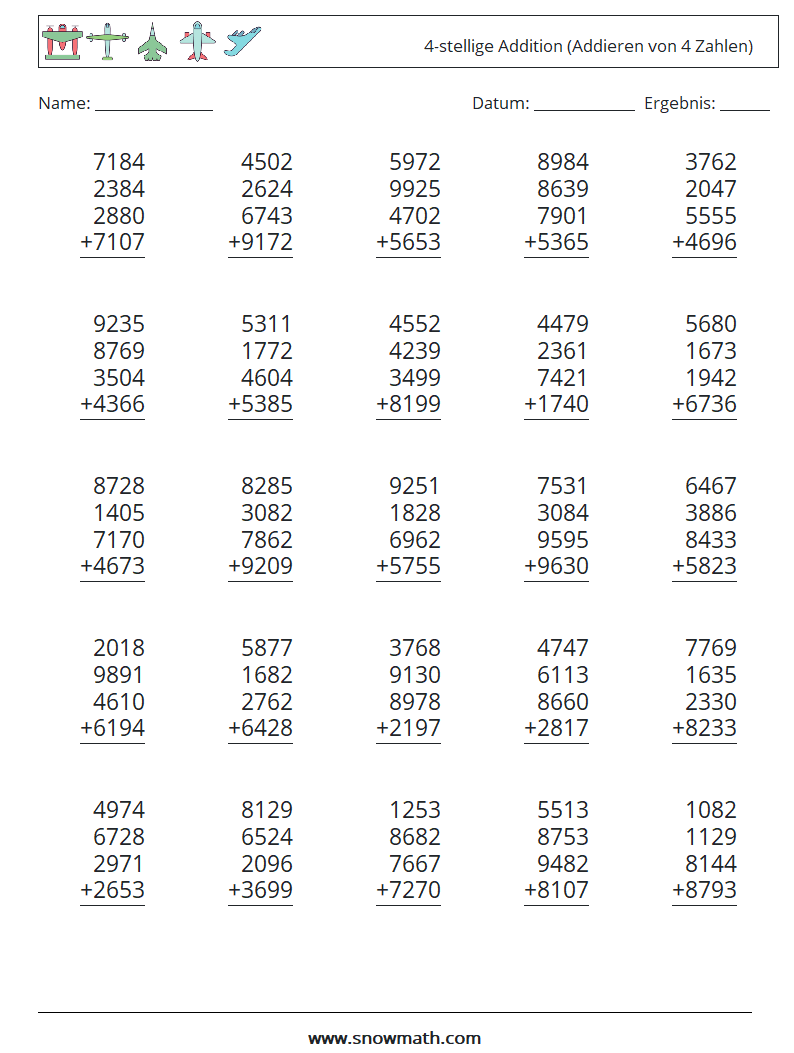 (25) 4-stellige Addition (Addieren von 4 Zahlen) Mathe-Arbeitsblätter 13