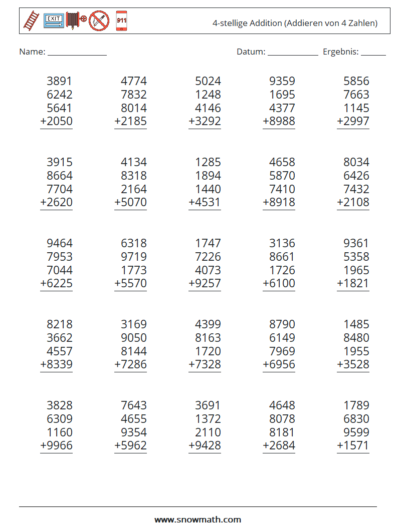 (25) 4-stellige Addition (Addieren von 4 Zahlen) Mathe-Arbeitsblätter 14
