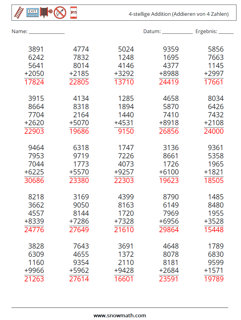 (25) 4-stellige Addition (Addieren von 4 Zahlen) Mathe-Arbeitsblätter 14 Frage, Antwort