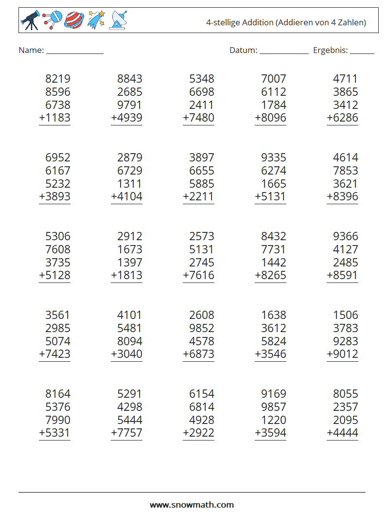 (25) 4-stellige Addition (Addieren von 4 Zahlen) Mathe-Arbeitsblätter 15