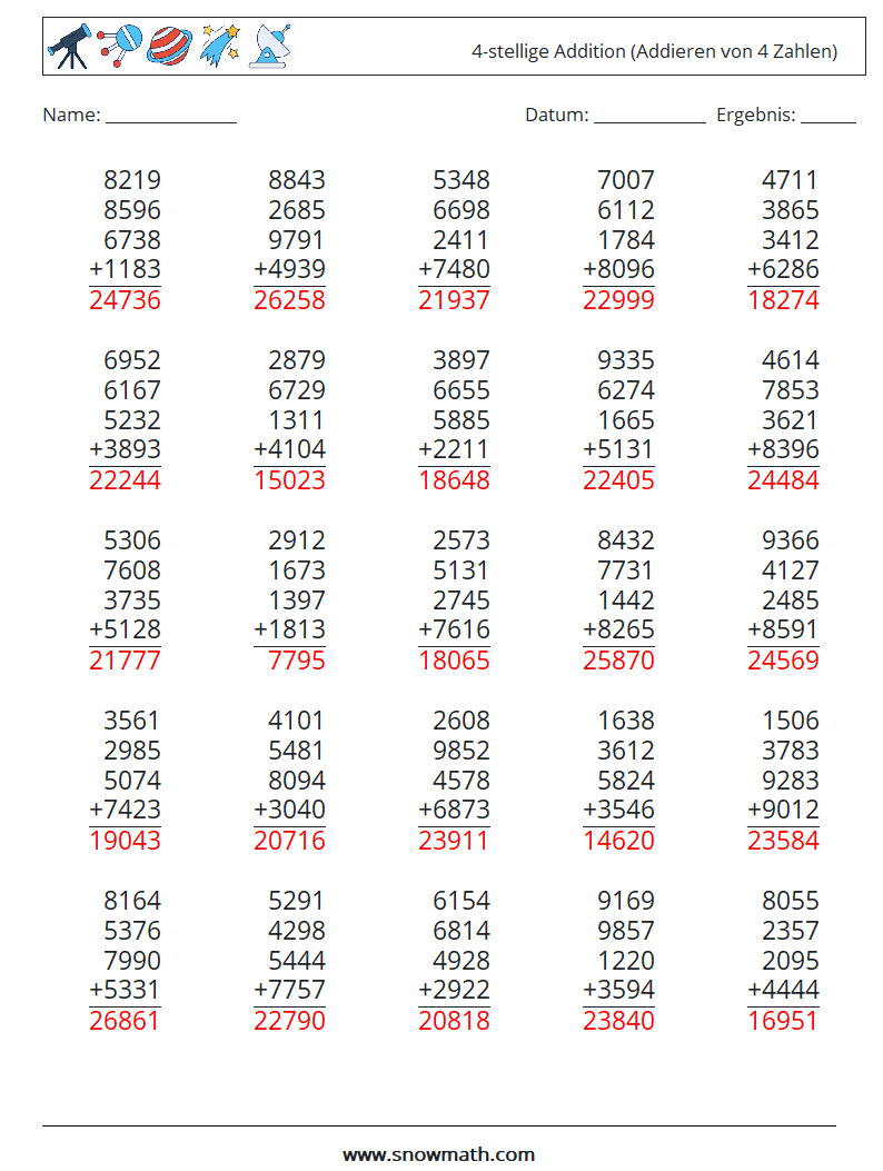 (25) 4-stellige Addition (Addieren von 4 Zahlen) Mathe-Arbeitsblätter 15 Frage, Antwort