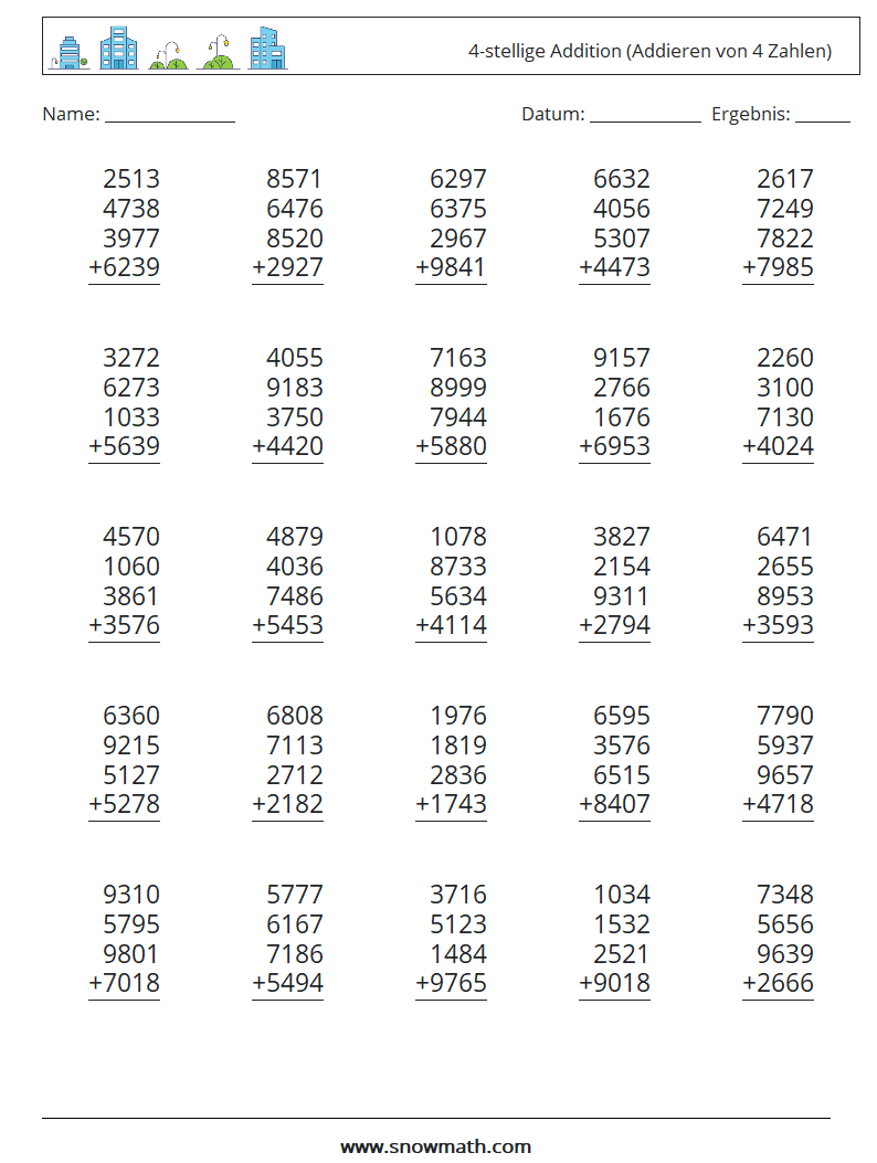 (25) 4-stellige Addition (Addieren von 4 Zahlen) Mathe-Arbeitsblätter 16