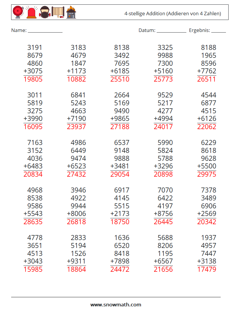 (25) 4-stellige Addition (Addieren von 4 Zahlen) Mathe-Arbeitsblätter 17 Frage, Antwort