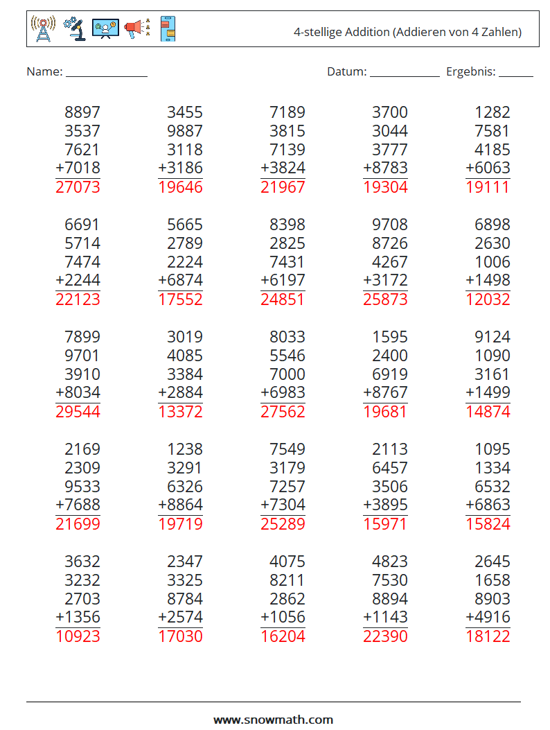 (25) 4-stellige Addition (Addieren von 4 Zahlen) Mathe-Arbeitsblätter 18 Frage, Antwort