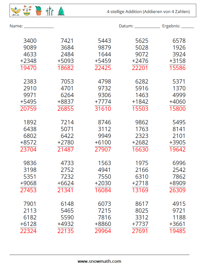 (25) 4-stellige Addition (Addieren von 4 Zahlen) Mathe-Arbeitsblätter 1 Frage, Antwort