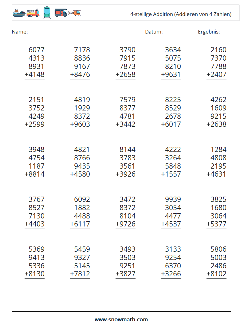 (25) 4-stellige Addition (Addieren von 4 Zahlen) Mathe-Arbeitsblätter 2