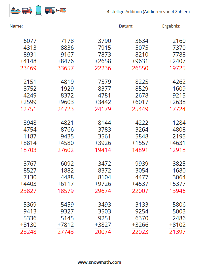 (25) 4-stellige Addition (Addieren von 4 Zahlen) Mathe-Arbeitsblätter 2 Frage, Antwort