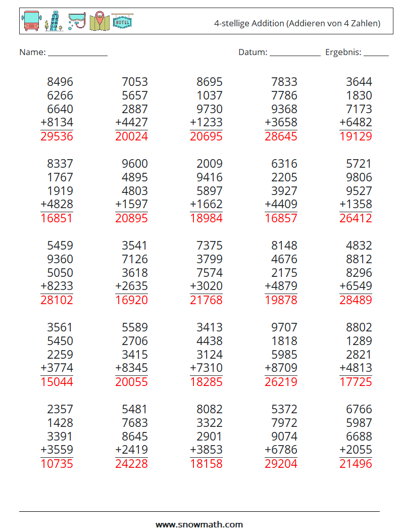 (25) 4-stellige Addition (Addieren von 4 Zahlen) Mathe-Arbeitsblätter 3 Frage, Antwort