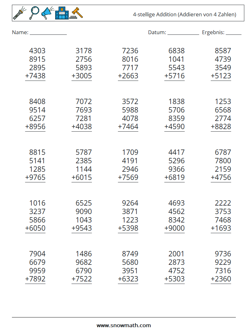 (25) 4-stellige Addition (Addieren von 4 Zahlen) Mathe-Arbeitsblätter 4