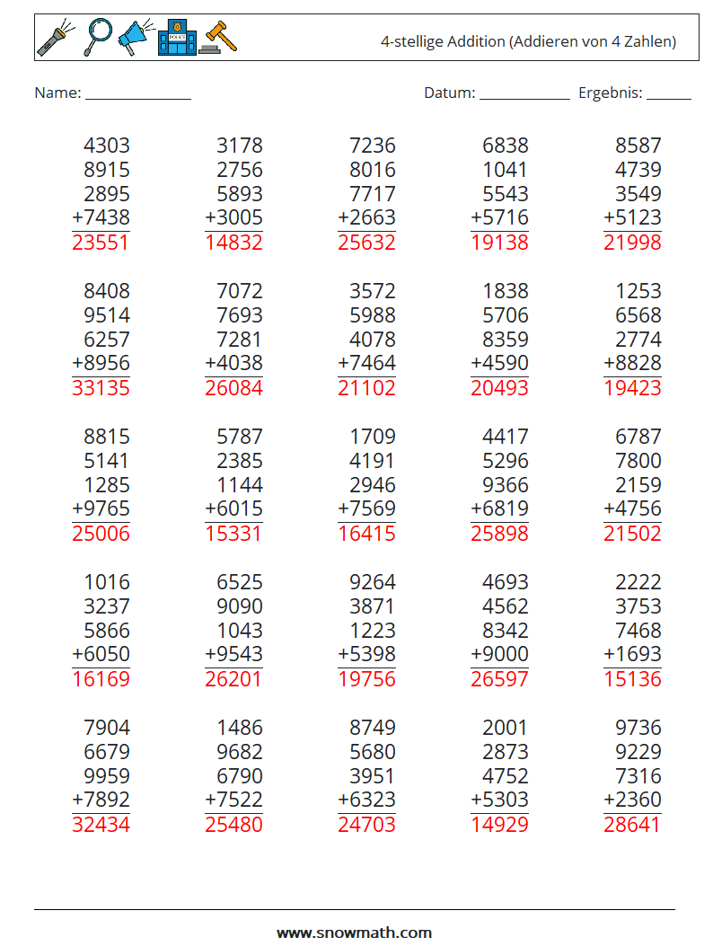 (25) 4-stellige Addition (Addieren von 4 Zahlen) Mathe-Arbeitsblätter 4 Frage, Antwort