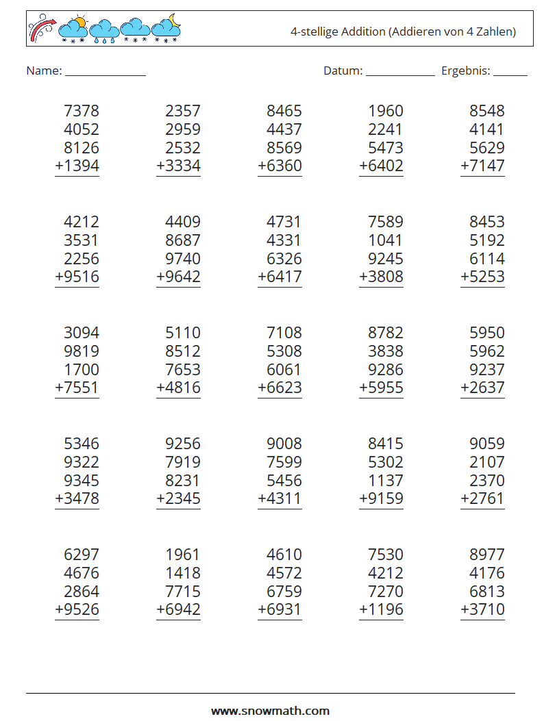 (25) 4-stellige Addition (Addieren von 4 Zahlen) Mathe-Arbeitsblätter 5