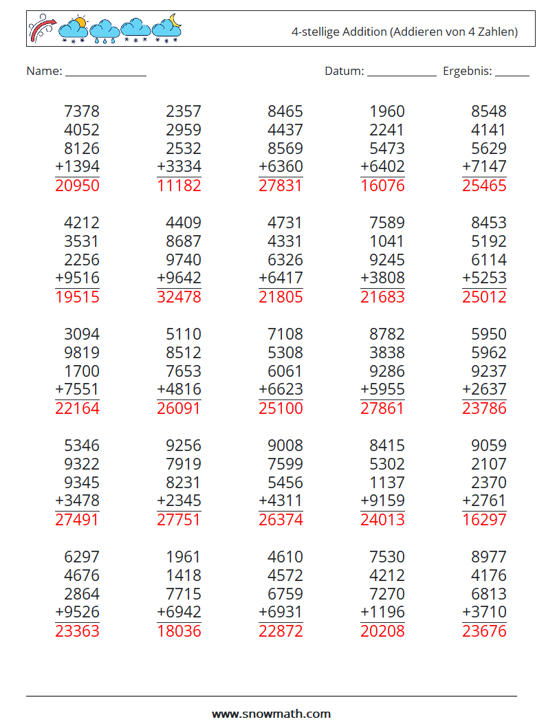 (25) 4-stellige Addition (Addieren von 4 Zahlen) Mathe-Arbeitsblätter 5 Frage, Antwort