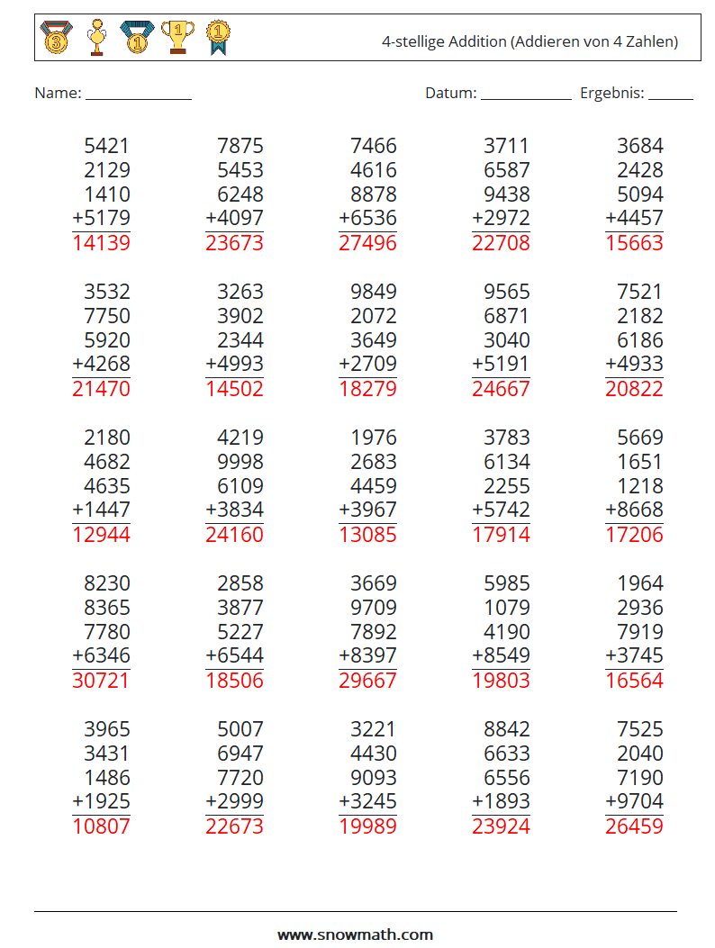 (25) 4-stellige Addition (Addieren von 4 Zahlen) Mathe-Arbeitsblätter 6 Frage, Antwort