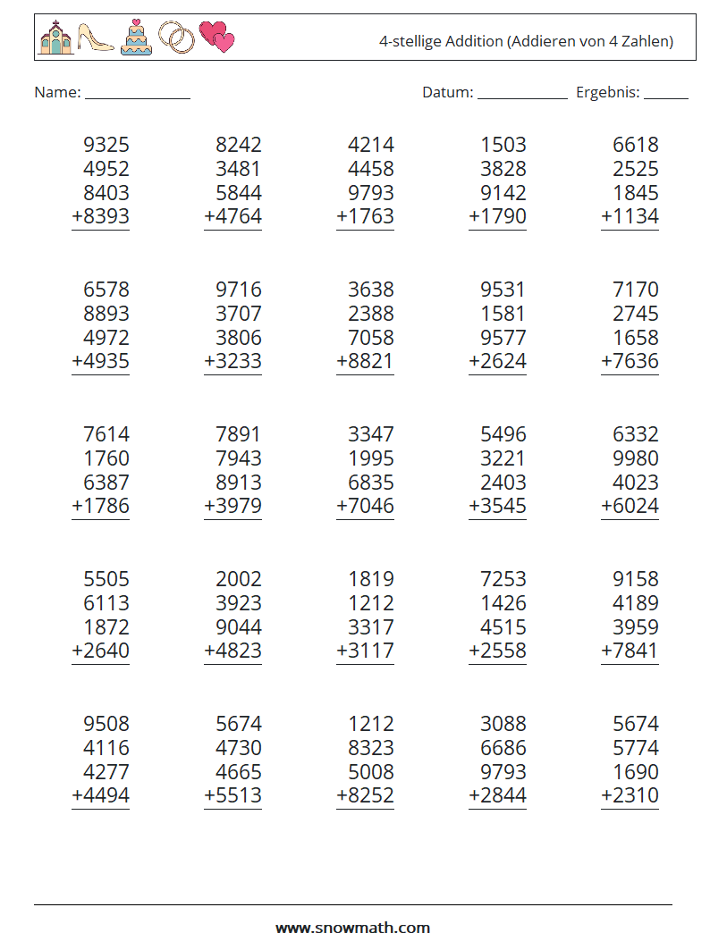 (25) 4-stellige Addition (Addieren von 4 Zahlen) Mathe-Arbeitsblätter 8