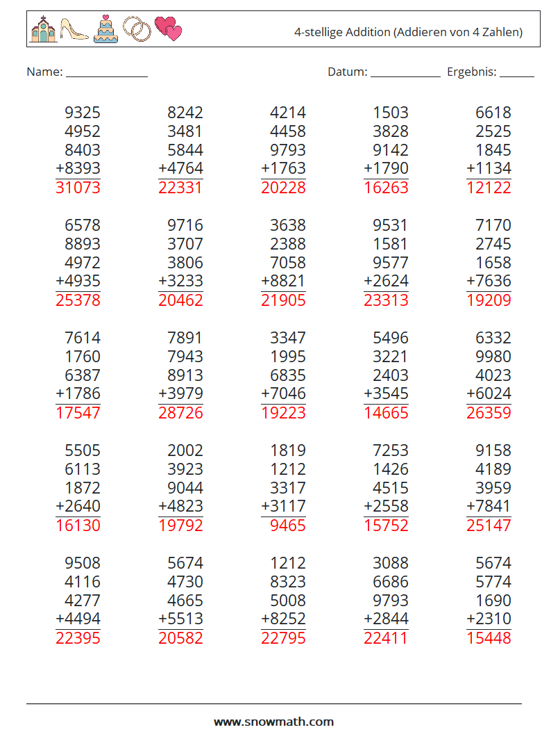 (25) 4-stellige Addition (Addieren von 4 Zahlen) Mathe-Arbeitsblätter 8 Frage, Antwort