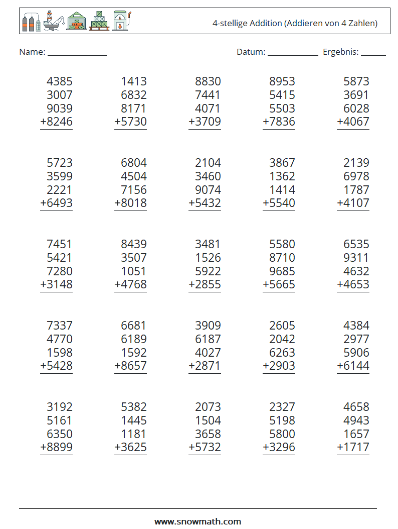 (25) 4-stellige Addition (Addieren von 4 Zahlen) Mathe-Arbeitsblätter 9