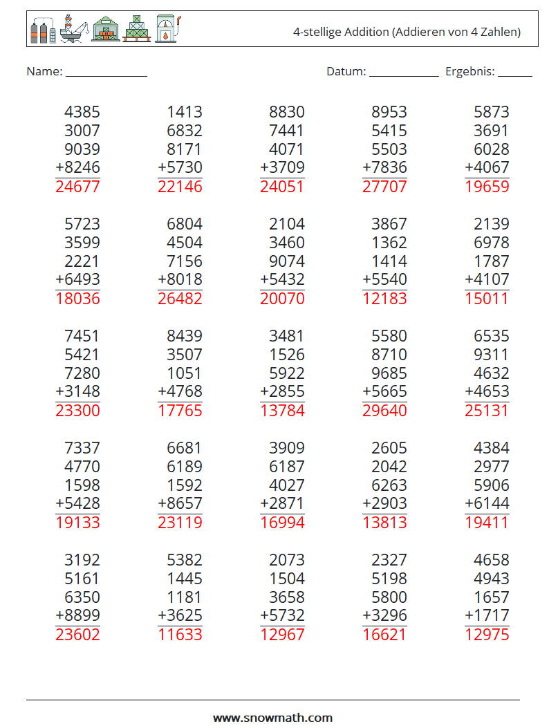 (25) 4-stellige Addition (Addieren von 4 Zahlen) Mathe-Arbeitsblätter 9 Frage, Antwort