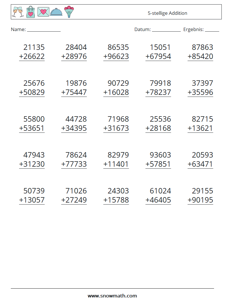 (25) 5-stellige Addition Mathe-Arbeitsblätter 1