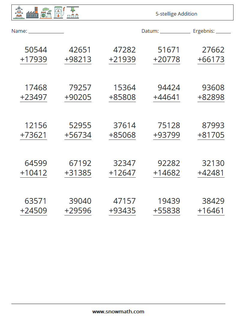 (25) 5-stellige Addition Mathe-Arbeitsblätter 10