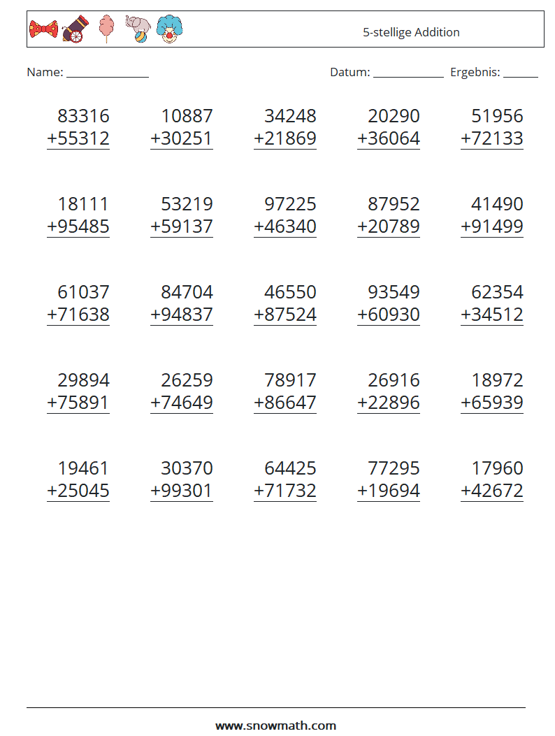 (25) 5-stellige Addition Mathe-Arbeitsblätter 11