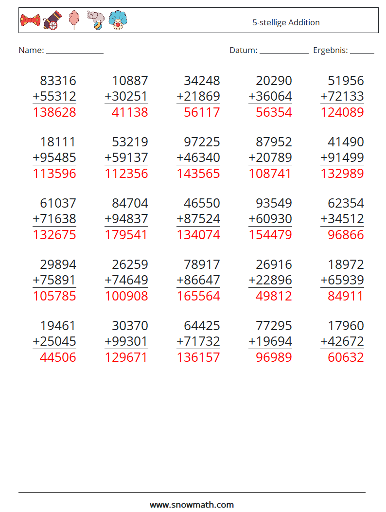 (25) 5-stellige Addition Mathe-Arbeitsblätter 11 Frage, Antwort