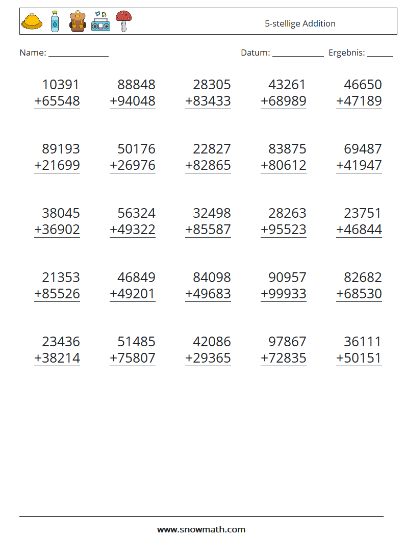 (25) 5-stellige Addition Mathe-Arbeitsblätter 12