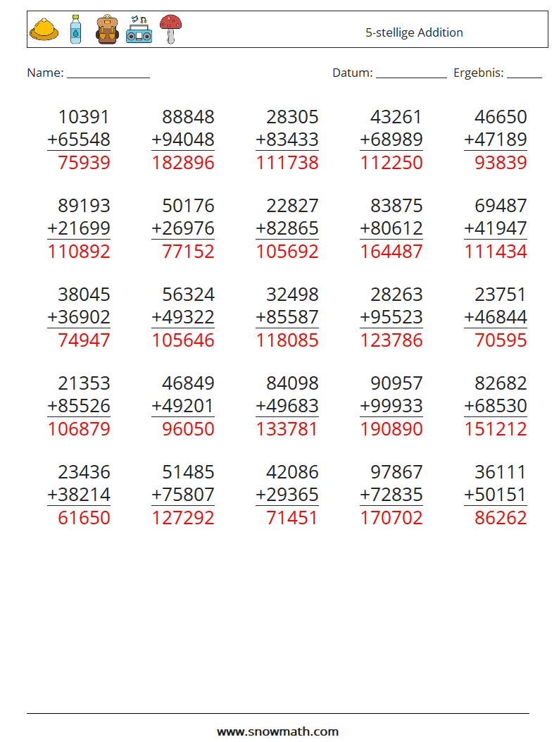 (25) 5-stellige Addition Mathe-Arbeitsblätter 12 Frage, Antwort