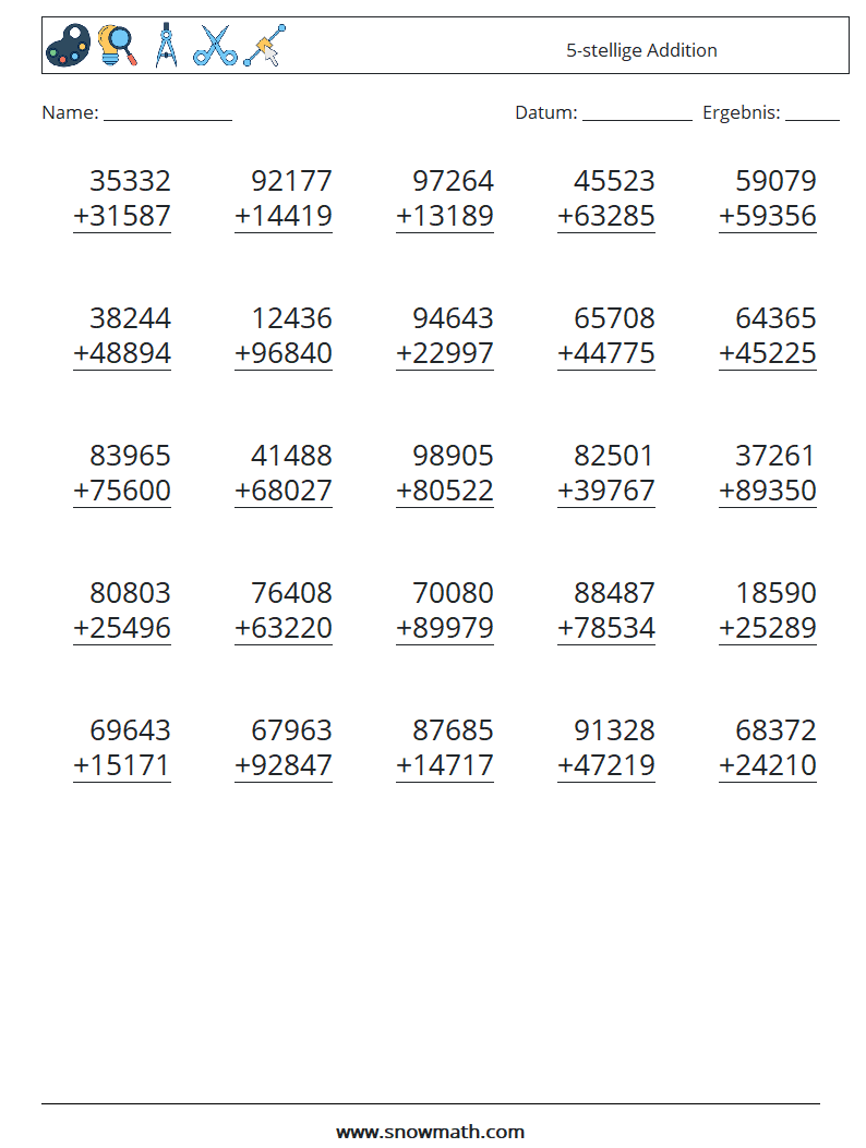 (25) 5-stellige Addition Mathe-Arbeitsblätter 14