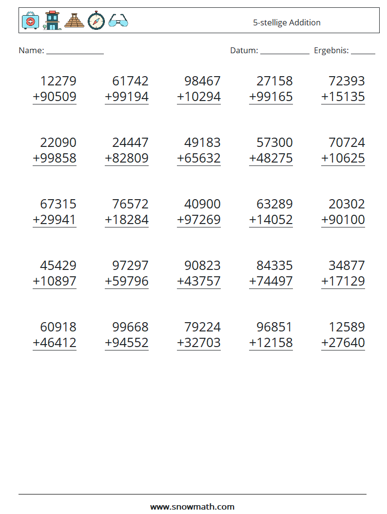 (25) 5-stellige Addition Mathe-Arbeitsblätter 16