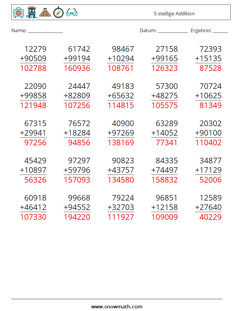 (25) 5-stellige Addition Mathe-Arbeitsblätter 16 Frage, Antwort