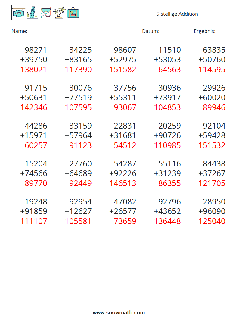 (25) 5-stellige Addition Mathe-Arbeitsblätter 17 Frage, Antwort