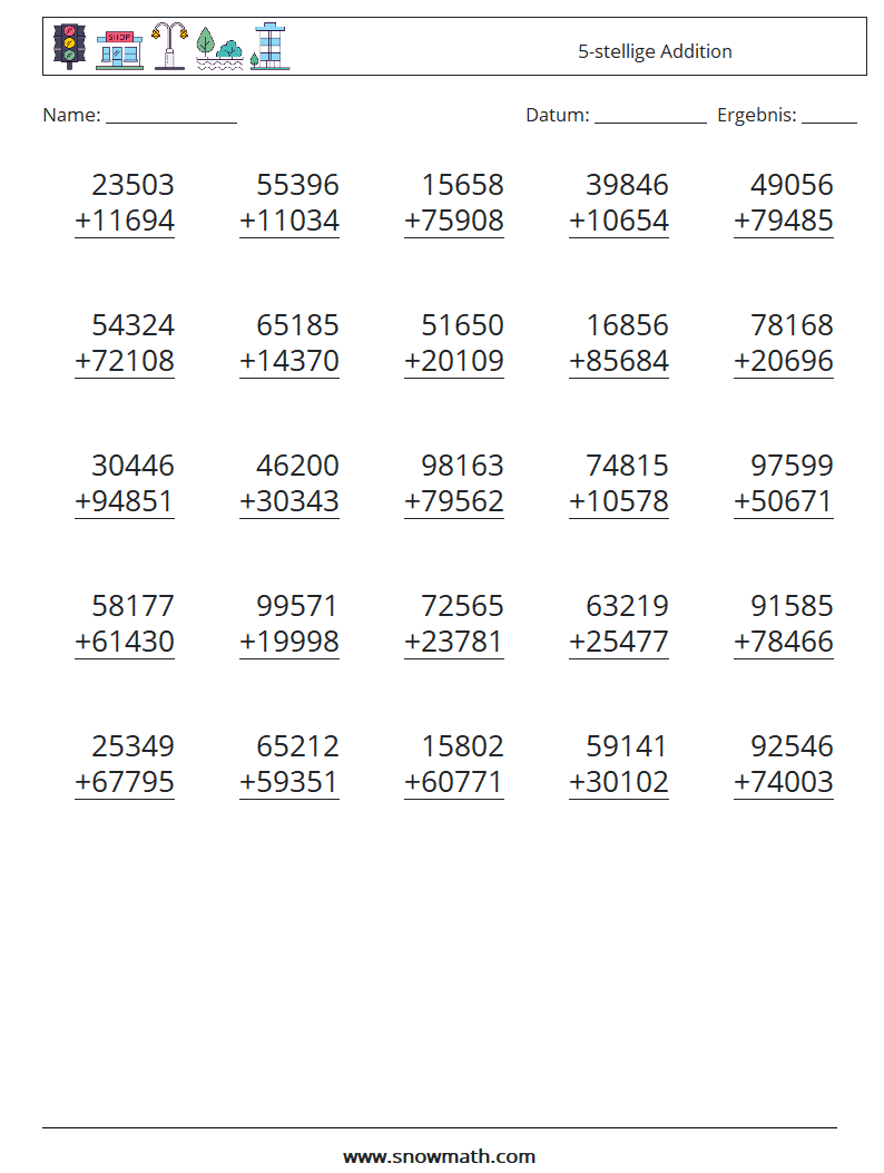 (25) 5-stellige Addition Mathe-Arbeitsblätter 18