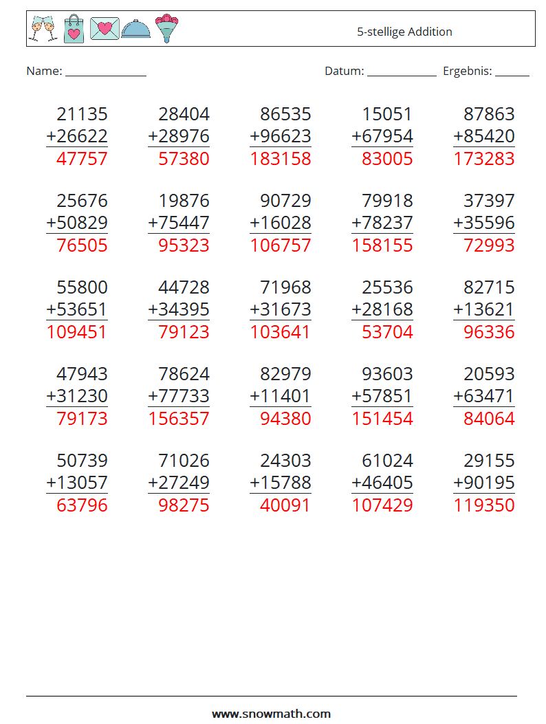 (25) 5-stellige Addition Mathe-Arbeitsblätter 1 Frage, Antwort