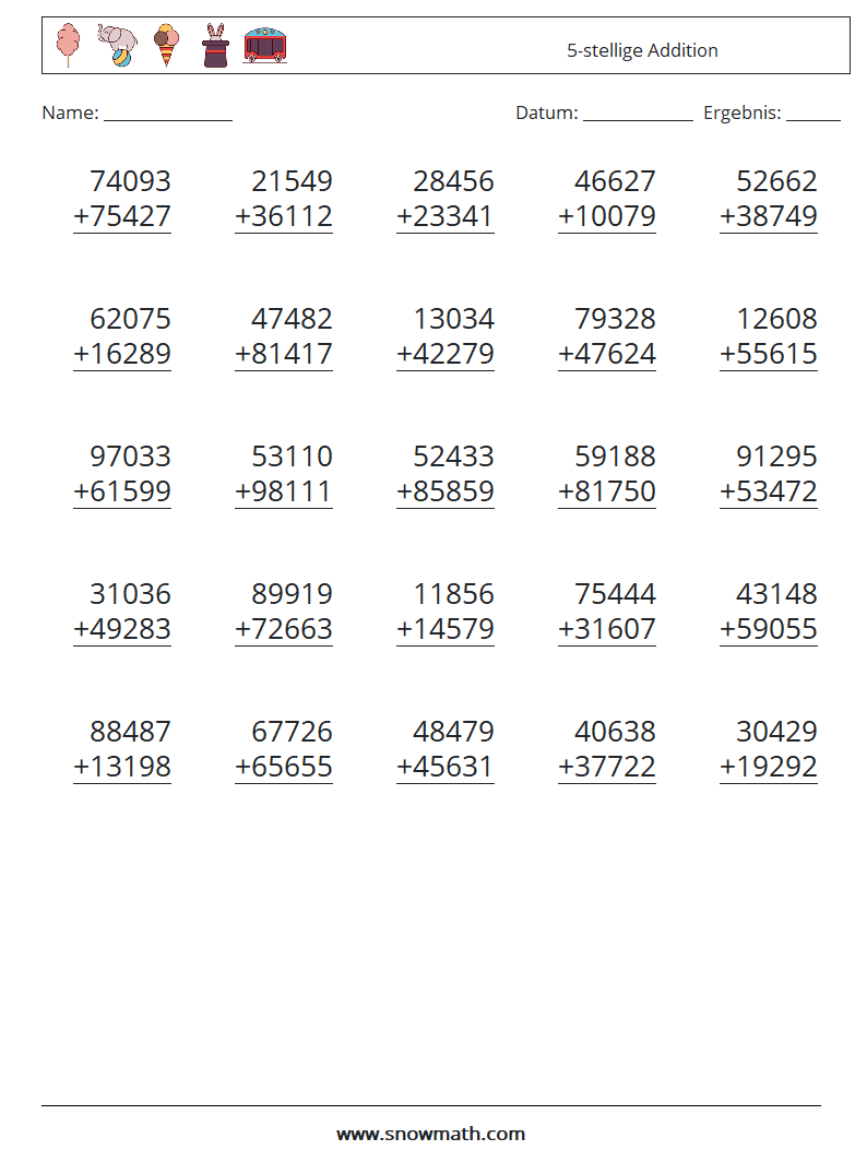 (25) 5-stellige Addition Mathe-Arbeitsblätter 2