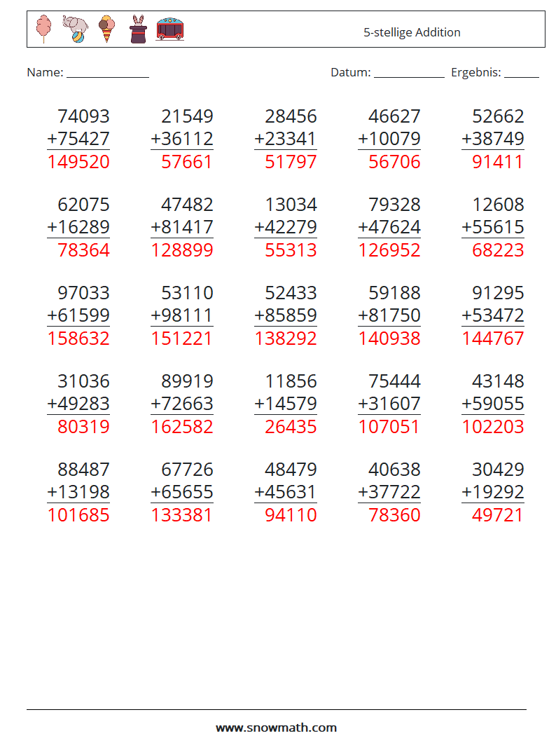 (25) 5-stellige Addition Mathe-Arbeitsblätter 2 Frage, Antwort