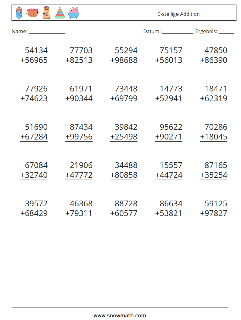 (25) 5-stellige Addition Mathe-Arbeitsblätter 3