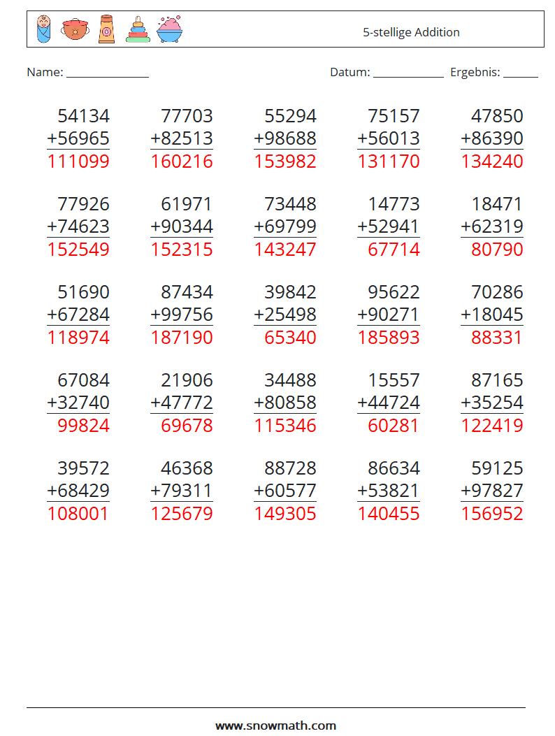 (25) 5-stellige Addition Mathe-Arbeitsblätter 3 Frage, Antwort