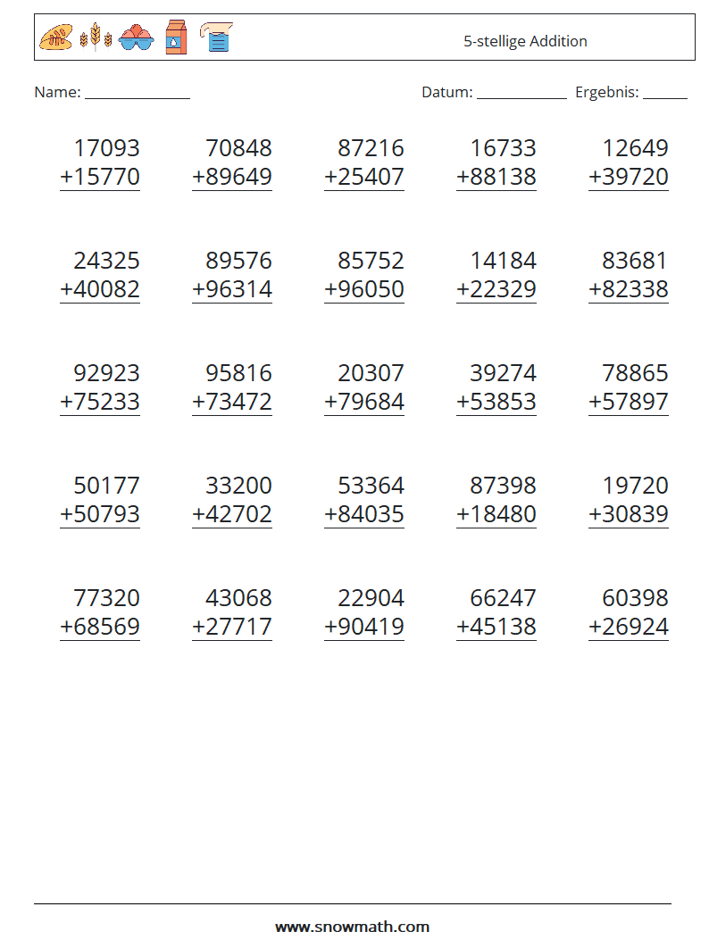 (25) 5-stellige Addition Mathe-Arbeitsblätter 4